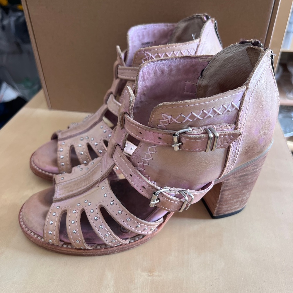 Freebird by Steven Pink Leather Strappy Block Heel Sandals